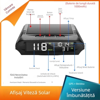 HUD display pentru mașină, alimentare solară, GPS wireless (viteză, altitudine, timp)