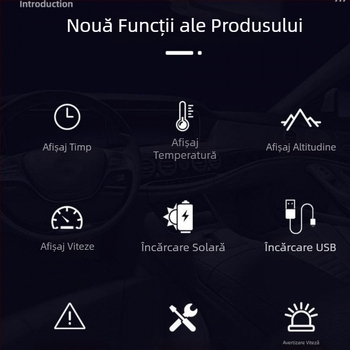 HUD display pentru mașină, alimentare solară, GPS wireless (viteză, altitudine, timp)