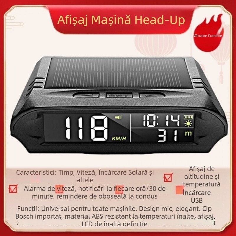 HUD display pentru mașină, alimentare solară, GPS wireless (viteză, altitudine, timp)