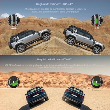 HUD auto cu GPS și inclinometru – model X90 GPS HUD, compatibil cu toate modelele, proiector digital, temperatură de funcționare 0–40°C