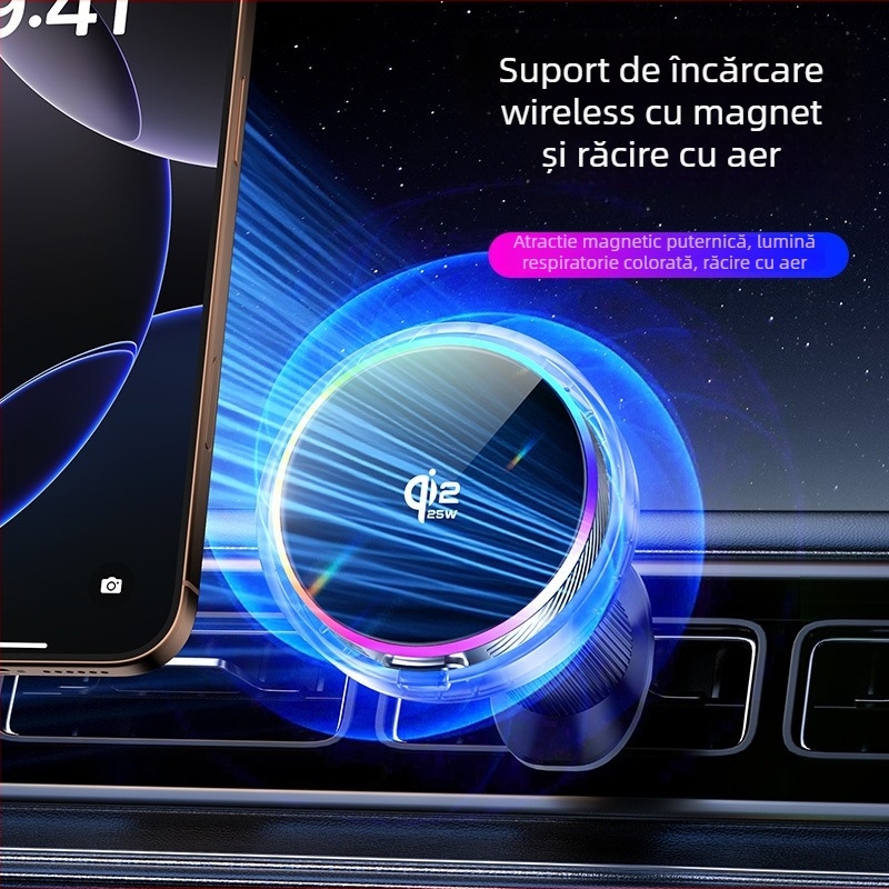 Qi2.2 suport magnetic pentru telefon auto cu încărcare wireless, antișoc, prindere pe ventilație, bază din plastic universală