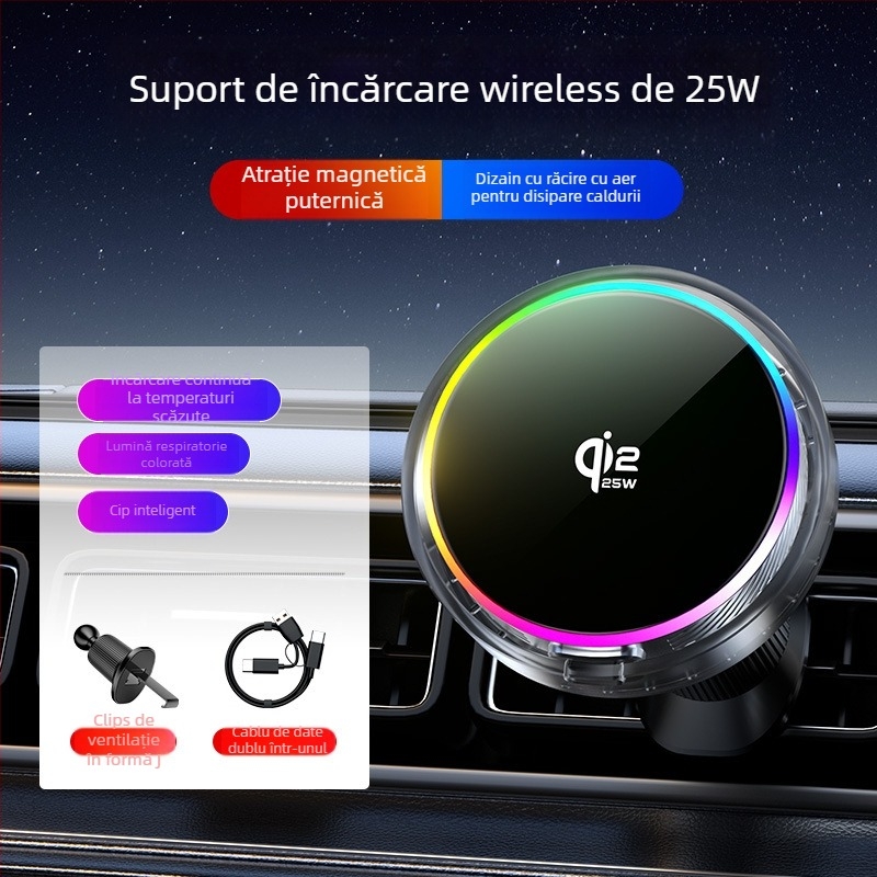 Qi2.2 suport magnetic pentru telefon auto cu încărcare wireless, antișoc, prindere pe ventilație, bază din plastic universală