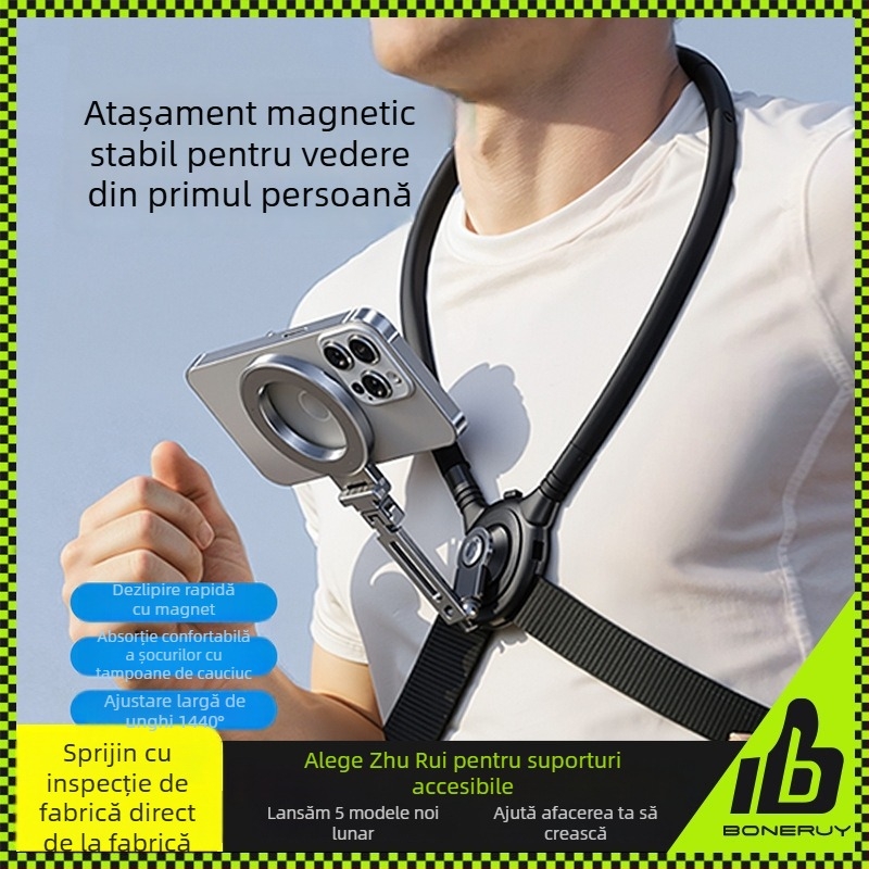 Boneruy Suport magnetic pentru POV cameră de acțiune, gât, antișoc, construcție din aliaj de aluminiu + fier + silicon, universal, montaj multi-unghi pentru bicicletă