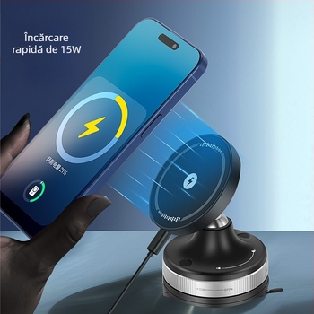 Stand de încărcare wireless pentru mașină, încărcare magnetică, ventuză de prindere, rotire la 360°, încărcare rapidă de 15W