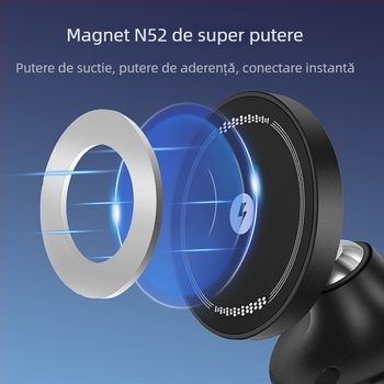 Stand de încărcare wireless pentru mașină, încărcare magnetică, ventuză de prindere, rotire la 360°, încărcare rapidă de 15W