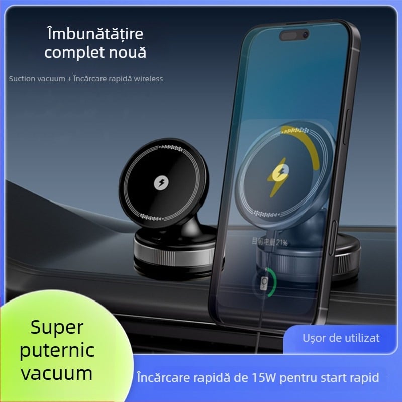 Stand de încărcare wireless pentru mașină, încărcare magnetică, ventuză de prindere, rotire la 360°, încărcare rapidă de 15W