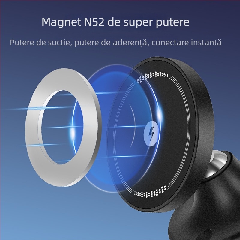 Stand de încărcare wireless pentru mașină, încărcare magnetică, ventuză de prindere, rotire la 360°, încărcare rapidă de 15W