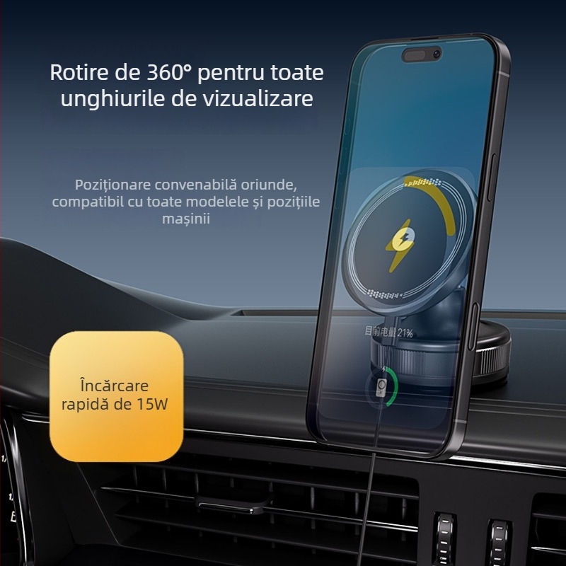 Stand de încărcare wireless pentru mașină, încărcare magnetică, ventuză de prindere, rotire la 360°, încărcare rapidă de 15W