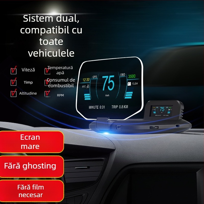 C1 HUD pentru mașini – afișaj optic cu lentilă, rezoluție HD, semnale OBD2+GPS/BeiDou, alimentare OBD, control manual, universal