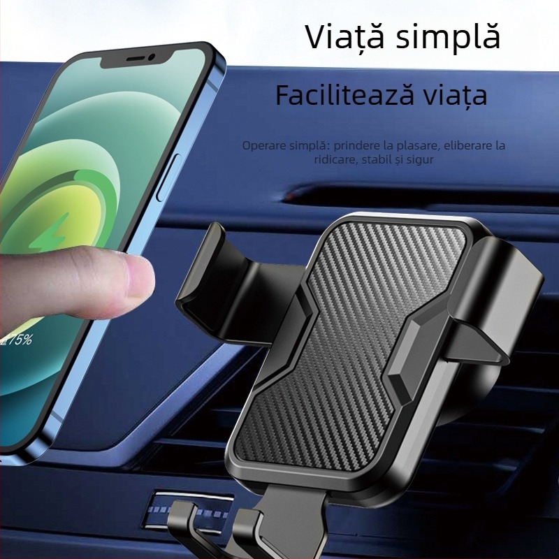 Suport auto pentru telefon, montaj gravitațional, clip pentru ventilație, suprafață cu textură piele, corp din plastic