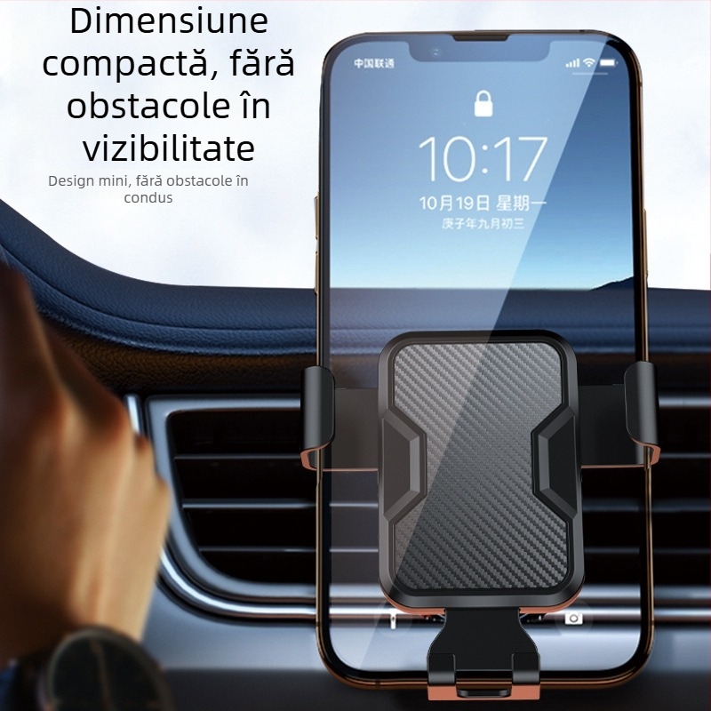 Suport auto pentru telefon, montaj gravitațional, clip pentru ventilație, suprafață cu textură piele, corp din plastic