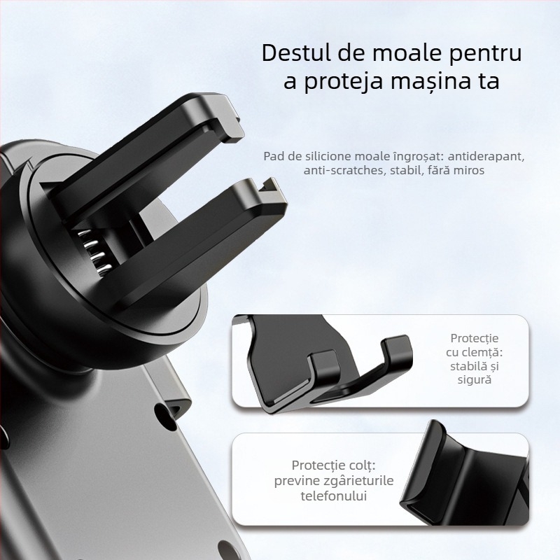 Suport auto pentru telefon, montaj gravitațional, clip pentru ventilație, suprafață cu textură piele, corp din plastic