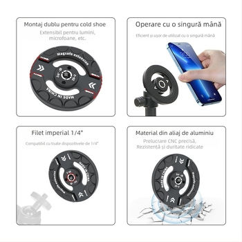 Suport auto pentru telefon – Bază magnetică MagSafe, interfață universală cu gaura de șurub 1/4, aliaj de aluminiu, două monturi cold shoe