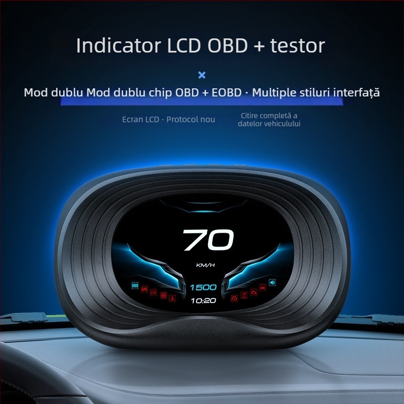 Head-Up Display pentru mașină – model P20; semnal de intrare OBD2; alimentare prin interfața OBD; material ABS și PC; rezoluție HD