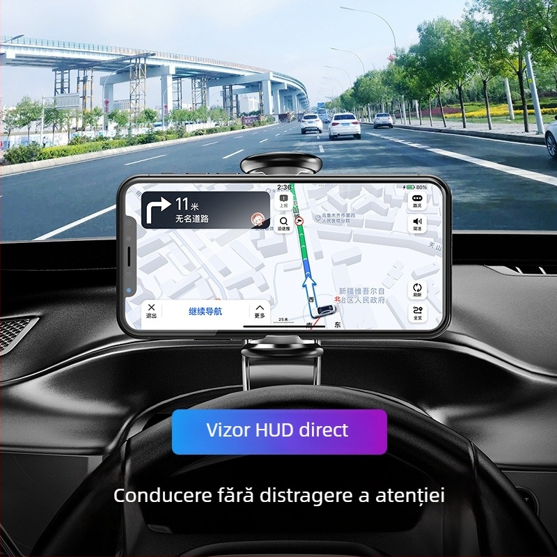 Suport auto pentru telefon cu HUD vizual, din ABS + silicon + hardware; universal; suport pentru personalizare; potrivit pentru bord, parasolar și oglinda retrovizoare.