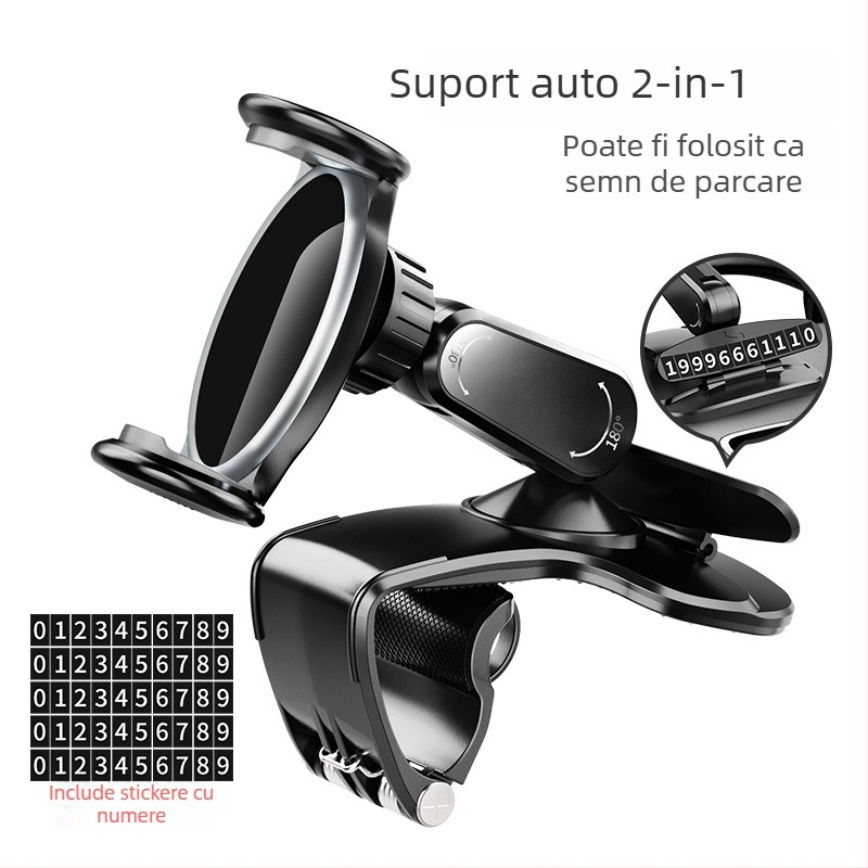 Suport auto pentru telefon cu HUD vizual, din ABS + silicon + hardware; universal; suport pentru personalizare; potrivit pentru bord, parasolar și oglinda retrovizoare.