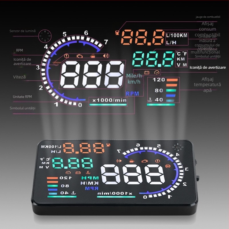 Display HUD pentru mașină, model A8, compatibil OBD2, carcasă metalică, alimentare prin interfața OBD, greutate 322 g