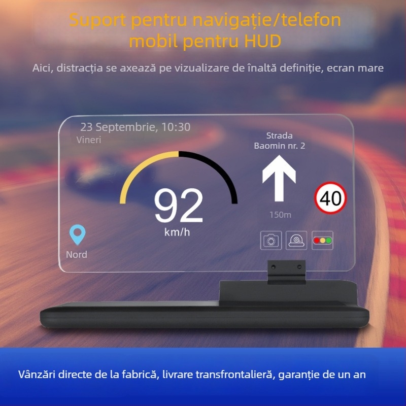 Suport auto pentru telefon cu proiecție HUD și navigație GPS – montaj adeziv pe geamul frontal, 7.5W, compatibil cu majoritatea mașinilor