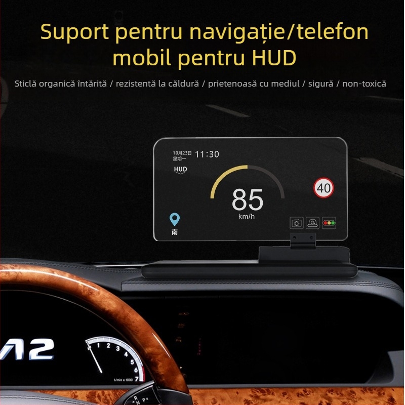 Suport auto pentru telefon cu proiecție HUD și navigație GPS – montaj adeziv pe geamul frontal, 7.5W, compatibil cu majoritatea mașinilor