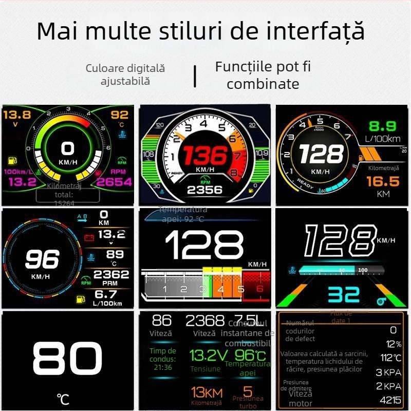 Afișaj Head-Up OBD cu tachimetru, temperatură ulei și apă, ecran LCD 480p, model XAS-K10, alimentare prin OBD