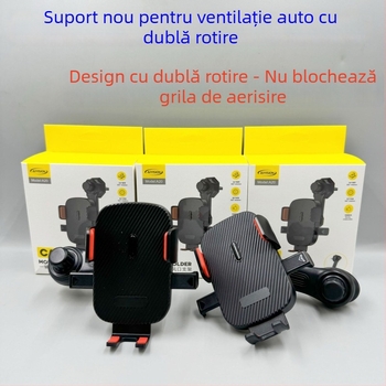 Suport auto pentru gură de ventilație cu tijă extensibilă cu dublă rotație, compatibil navigației, rotire de 360°, plastic