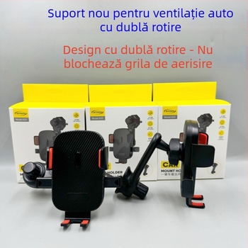 Suport auto pentru gură de ventilație cu tijă extensibilă cu dublă rotație, compatibil navigației, rotire de 360°, plastic