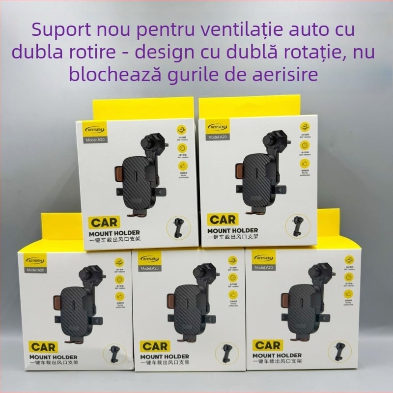 Suport auto pentru gură de ventilație cu tijă extensibilă cu dublă rotație, compatibil navigației, rotire de 360°, plastic