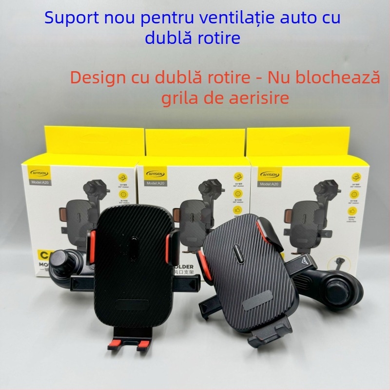 Suport auto pentru gură de ventilație cu tijă extensibilă cu dublă rotație, compatibil navigației, rotire de 360°, plastic