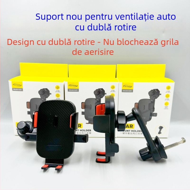 Suport auto pentru gură de ventilație cu tijă extensibilă cu dublă rotație, compatibil navigației, rotire de 360°, plastic