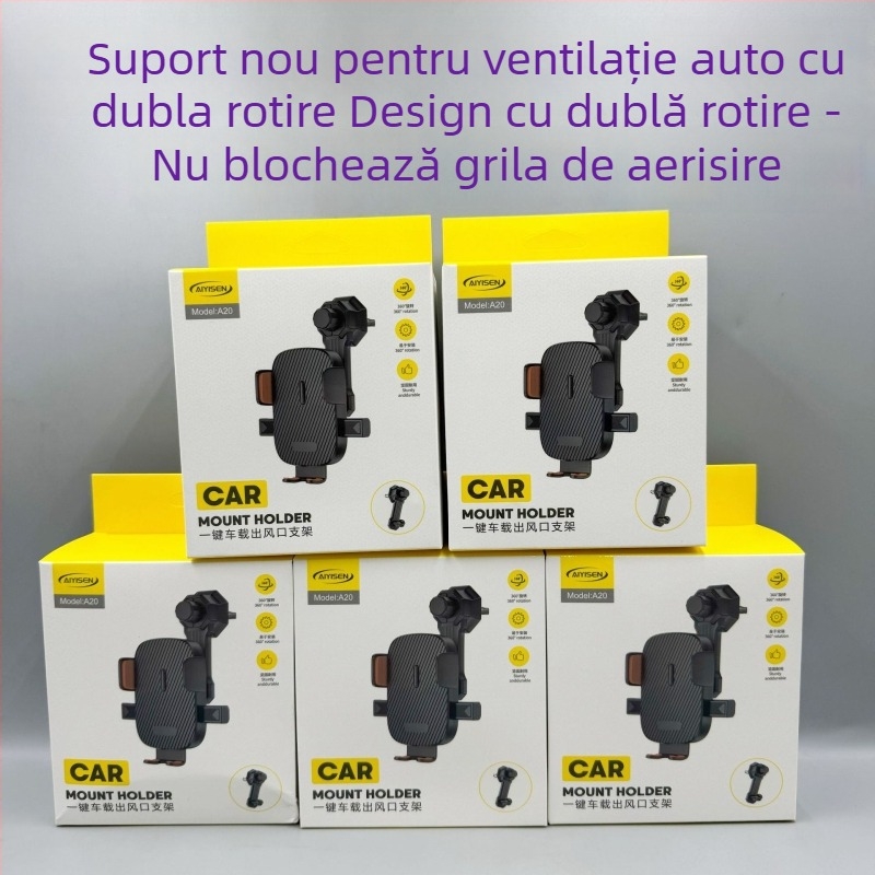 Suport auto pentru gură de ventilație cu tijă extensibilă cu dublă rotație, compatibil navigației, rotire de 360°, plastic