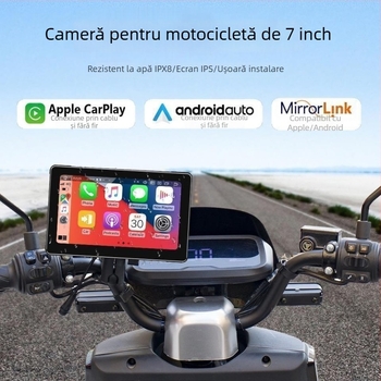 Dashcam pentru motocicletă cu CarPlay wireless, înregistrare duală frontală și posterioară în HD, unghi de filmare 170°, microSD până la 128GB, înregistrare ciclică, alimentare 12–24V