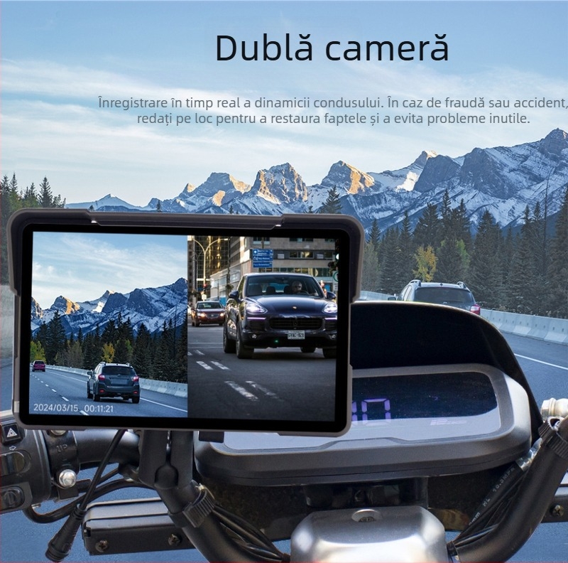 Dashcam pentru motocicletă cu CarPlay wireless, înregistrare duală frontală și posterioară în HD, unghi de filmare 170°, microSD până la 128GB, înregistrare ciclică, alimentare 12–24V