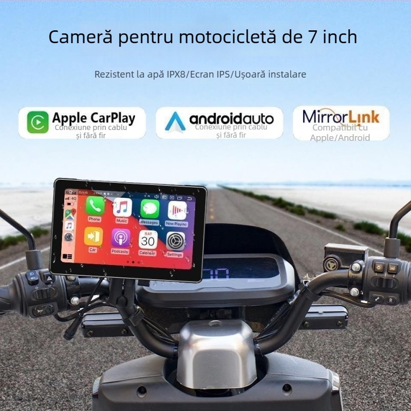 Dashcam pentru motocicletă cu CarPlay wireless, înregistrare duală frontală și posterioară în HD, unghi de filmare 170°, microSD până la 128GB, înregistrare ciclică, alimentare 12–24V