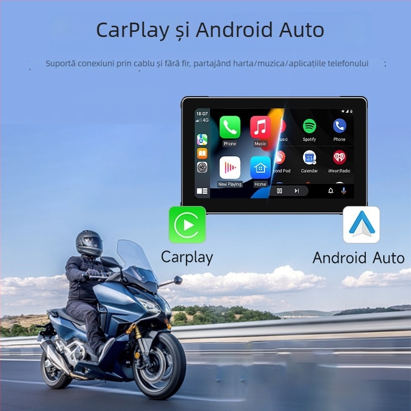 Dashcam pentru motocicletă cu CarPlay wireless, înregistrare duală frontală și posterioară în HD, unghi de filmare 170°, microSD până la 128GB, înregistrare ciclică, alimentare 12–24V