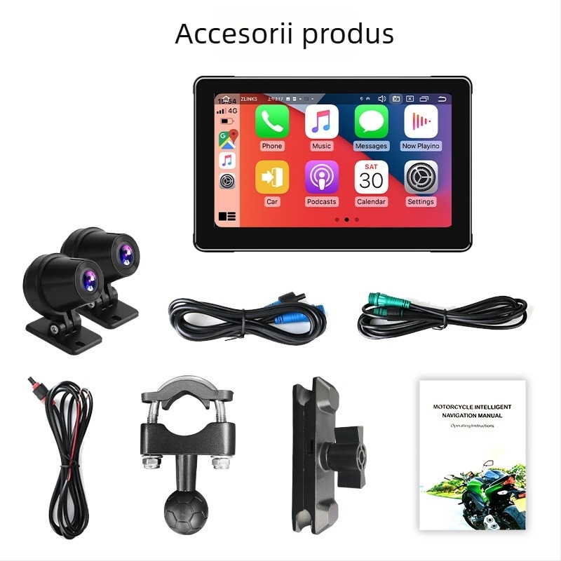Dashcam pentru motocicletă cu CarPlay wireless, înregistrare duală frontală și posterioară în HD, unghi de filmare 170°, microSD până la 128GB, înregistrare ciclică, alimentare 12–24V