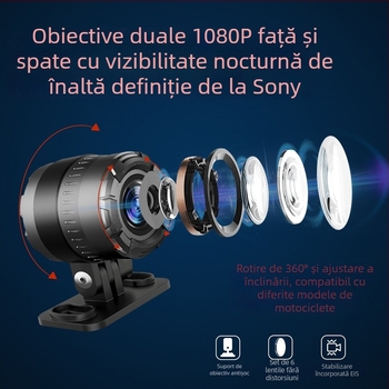 MT28 Cameră pentru motocicletă 1080p HD, înregistrare duală față-spate, unghi de vizualizare 150°, înregistrare în buclă, microSD până la 64GB