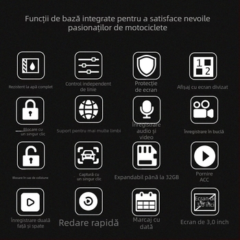 MT20 Cameră de bord pentru motocicletă, lentile duale, rezistentă la apă, unghi de vizionare 120°, 2.0 MP, ecran de 3 inch, telecomandă prin cablu