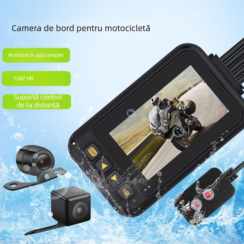 MT20 Cameră de bord pentru motocicletă, lentile duale, rezistentă la apă, unghi de vizionare 120°, 2.0 MP, ecran de 3 inch, telecomandă prin cablu