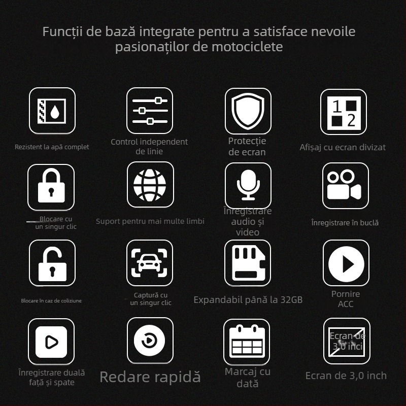 MT20 Cameră de bord pentru motocicletă, lentile duale, rezistentă la apă, unghi de vizionare 120°, 2.0 MP, ecran de 3 inch, telecomandă prin cablu