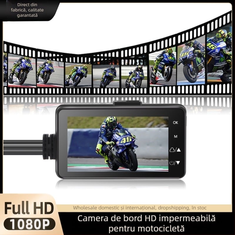 Camera pentru motocicletă cu lentile duale (față și spate), impermeabilă, unghi de vizualizare 120°, ecran 2,0 inch, suport microSD până la 128 GB