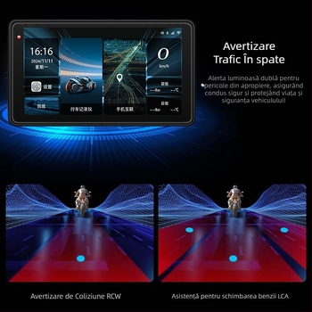 DVR pentru motocicletă cu CarPlay și proiecție pe ecran, unghi de filmare 150°, senzor 3MP, card TF până la 128GB, montaj pe ghidon, 12V