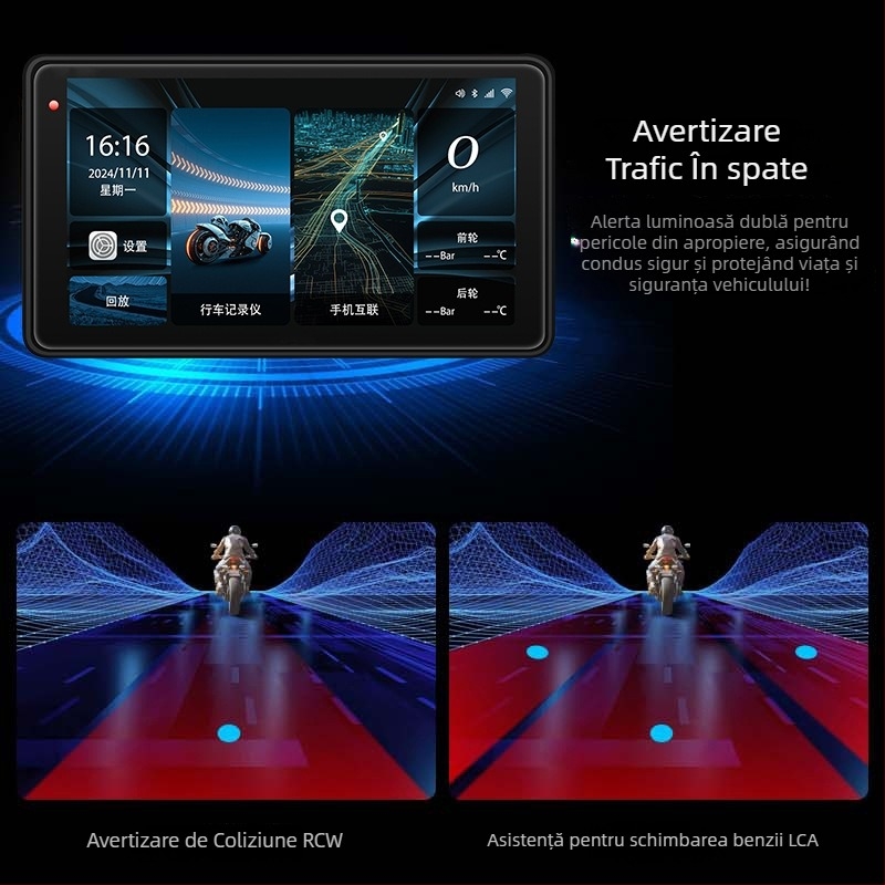 DVR pentru motocicletă cu CarPlay și proiecție pe ecran, unghi de filmare 150°, senzor 3MP, card TF până la 128GB, montaj pe ghidon, 12V