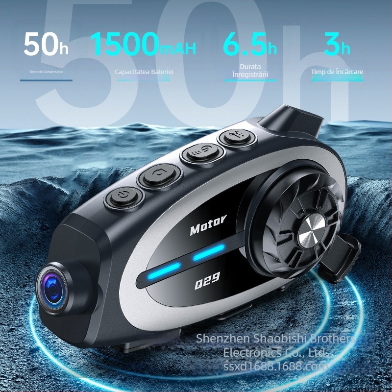 Q29 cască de motocicletă Bluetooth intercom cu cameră 1080P HD, sunet stereo, rază 10 m, Bluetooth 5.3, autonomie 20 h