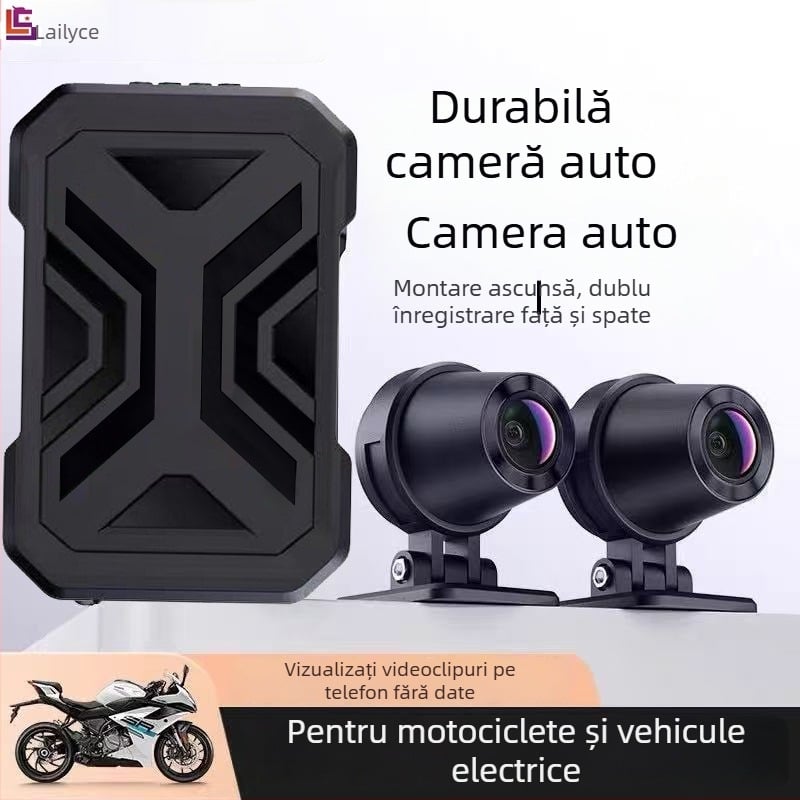 Dash Cam pentru motocicletă, înregistrare frontală și spate, 1080p, unghi de cuprindere 140°, suport microSD până la 128GB, DC 12–72V