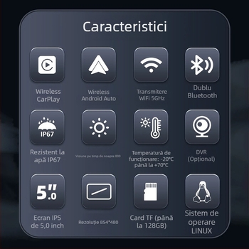 Recorder de navigație cu proiecție pe ecran pentru motocicletă, camere frontale și posterioare duale, IP68 impermeabil, monitorizarea presiunii pneurilor, TF card până la 64GB