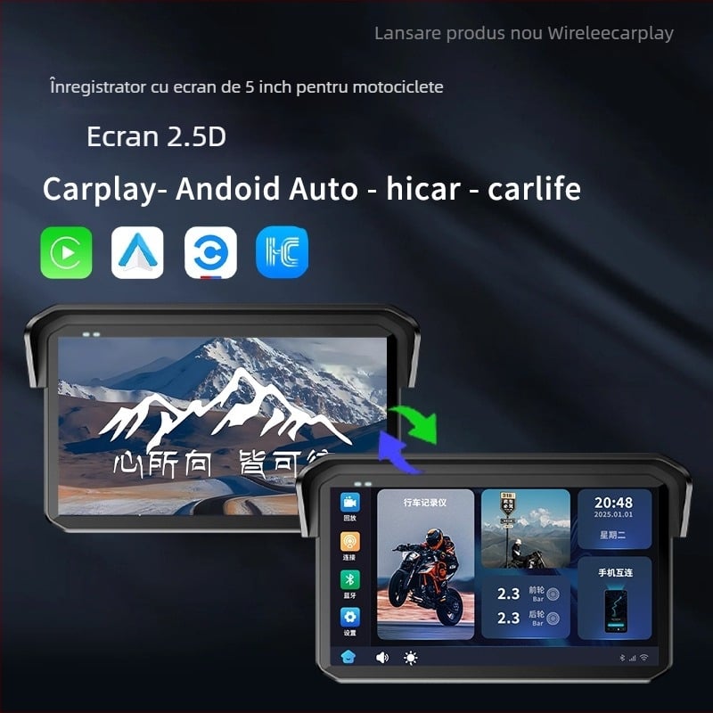 Recorder de navigație cu proiecție pe ecran pentru motocicletă, camere frontale și posterioare duale, IP68 impermeabil, monitorizarea presiunii pneurilor, TF card până la 64GB