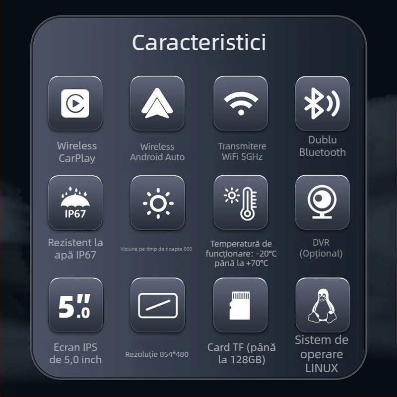 Recorder de navigație cu proiecție pe ecran pentru motocicletă, camere frontale și posterioare duale, IP68 impermeabil, monitorizarea presiunii pneurilor, TF card până la 64GB