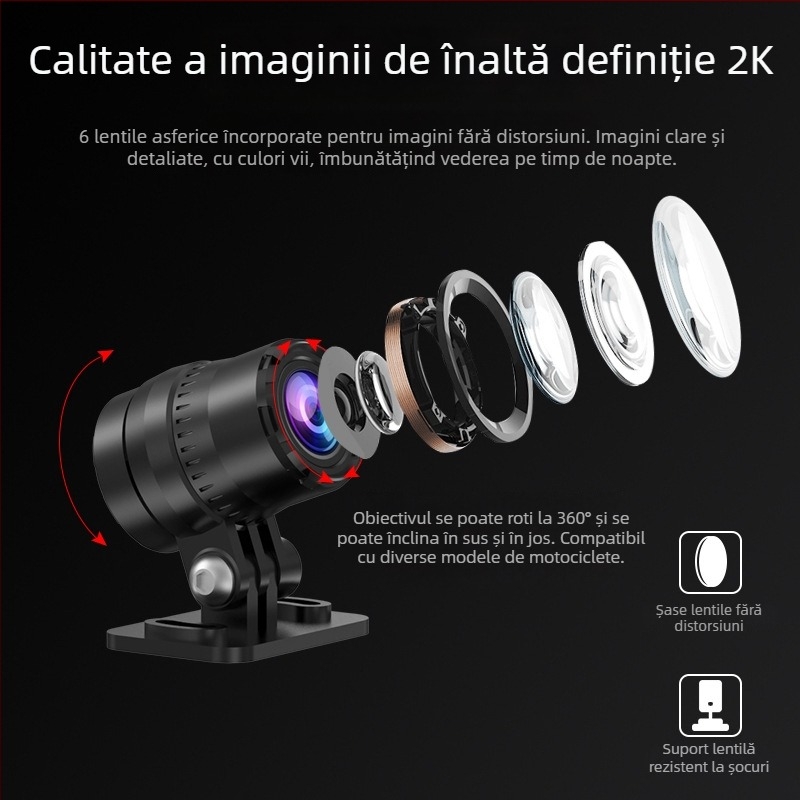 Camera de bord pentru motocicletă fără ecran, camere duale 2K cu răcire, urmăre GPS, înregistrare față și spate, control prin cablu și Wi-Fi