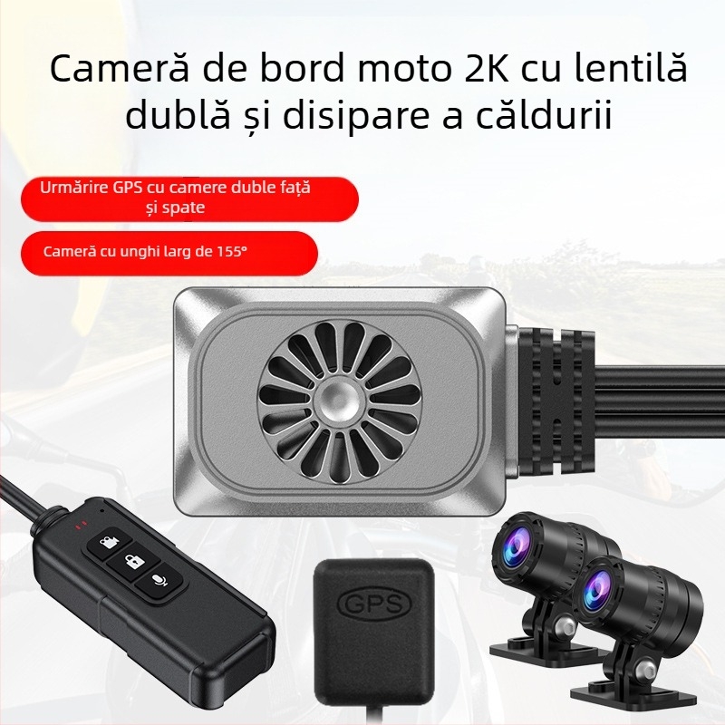 Camera de bord pentru motocicletă fără ecran, camere duale 2K cu răcire, urmăre GPS, înregistrare față și spate, control prin cablu și Wi-Fi