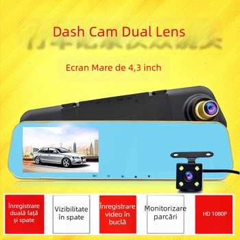 Înregistrator auto cu oglindă retrovizoare, lentile duale 1080p, înregistrare frontală și posterioară, unghi de 170°, monitorizare parcare, suport TF card până la 32GB
